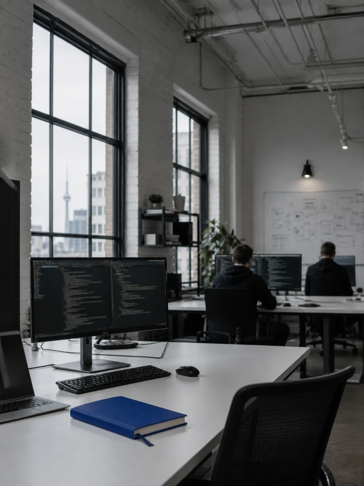 The NodeFlow Lab studio — desks, whiteboards, overcast daylight.