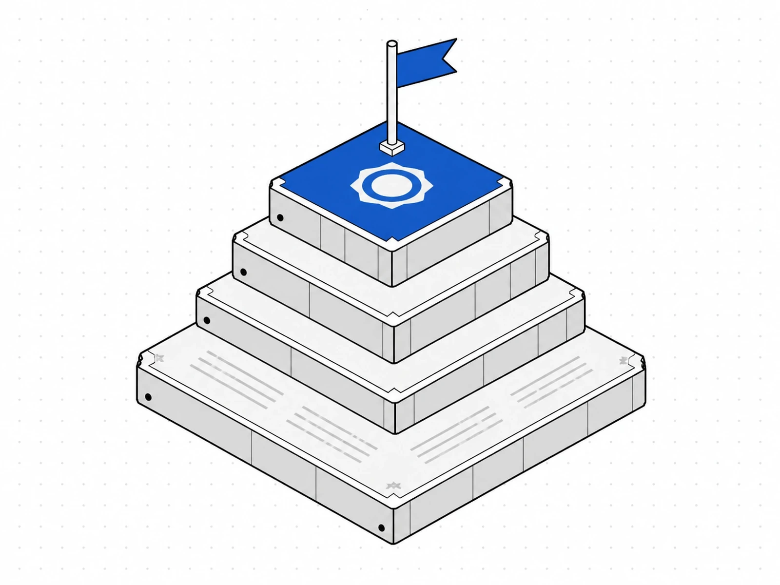Isometric stack of policy books topped with a blue cover and flag.