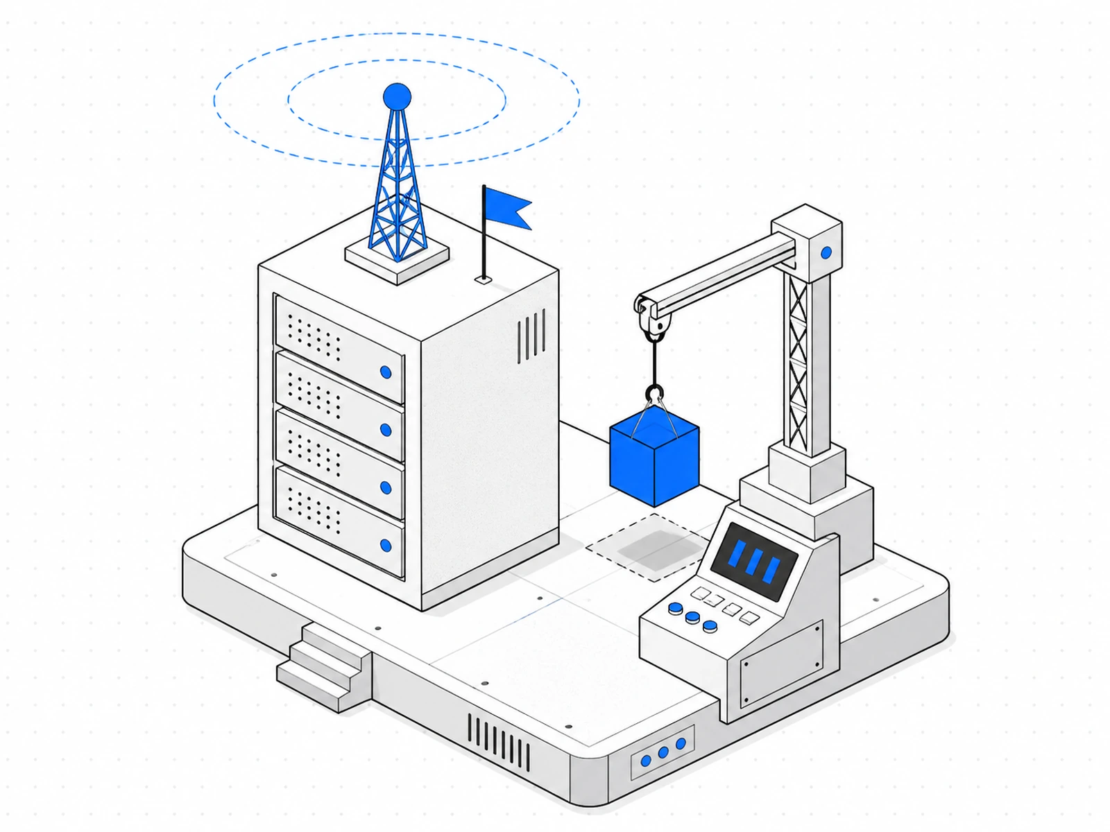 Isometric server tower with antenna, operations console, and a crane placing a blue cube.
