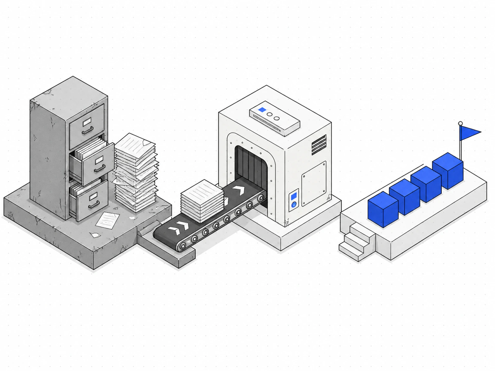 Isometric line where paper files pass through a machine and emerge as blue cubes.