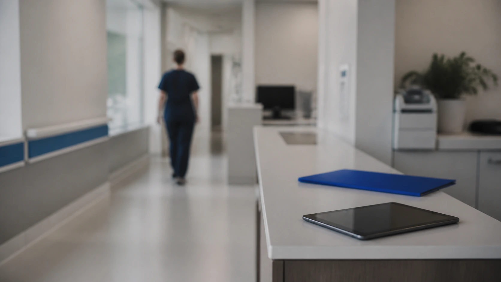 Quiet hospital corridor with a tablet on the counter.