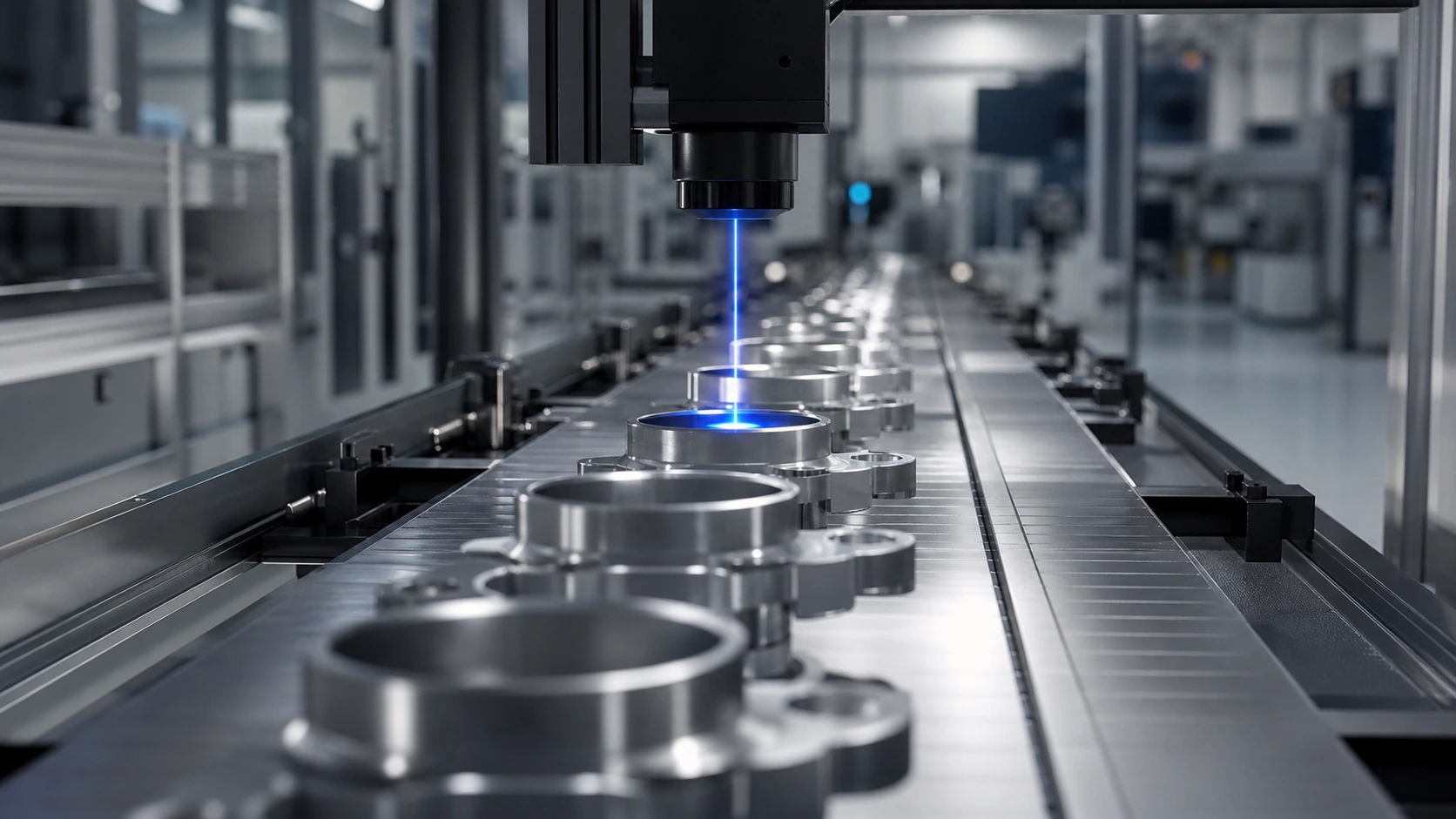 Machined parts on a conveyor under a blue inspection light.