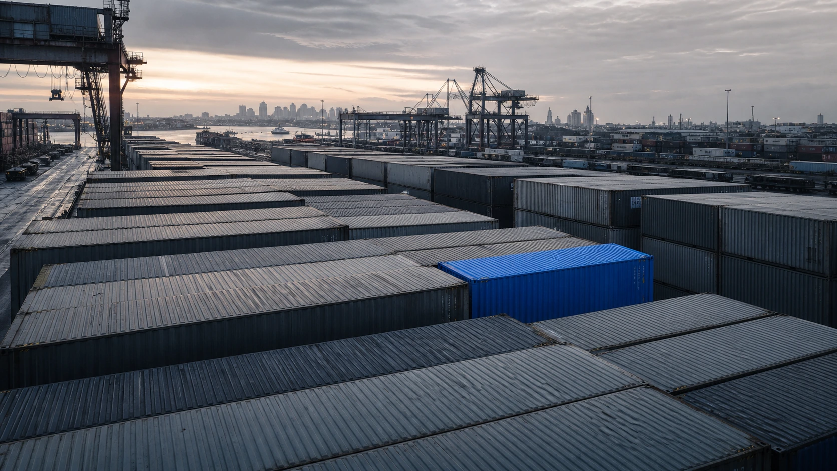 Container terminal at dawn with a single blue container.