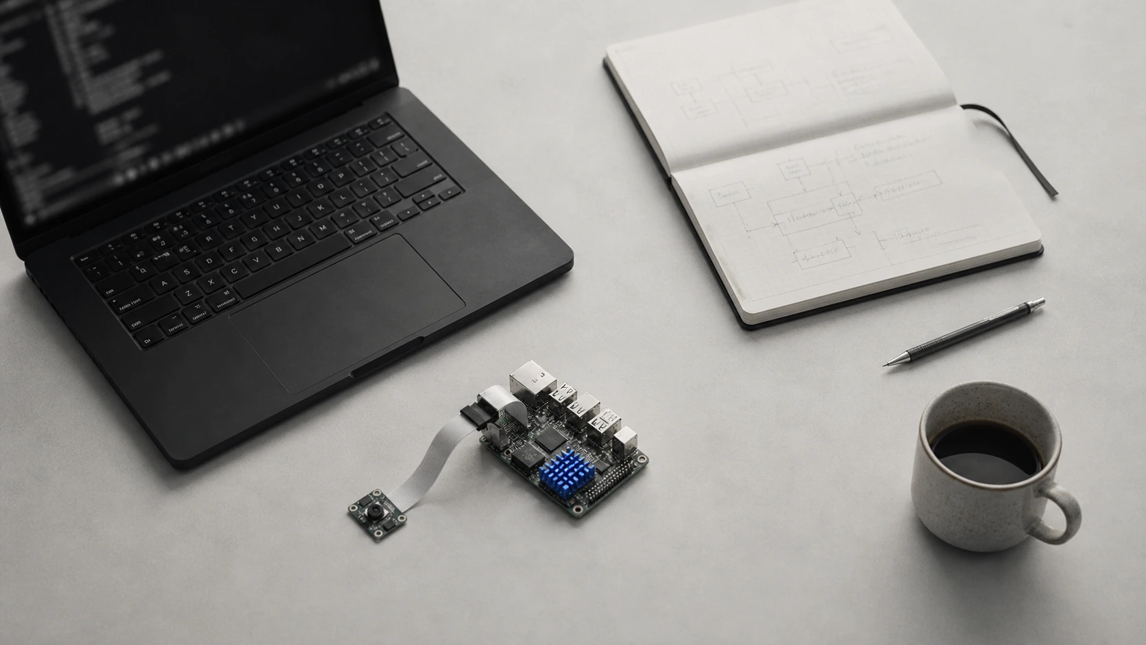 A prototyping bench: laptop, dev board, sketches, one blue cable.
